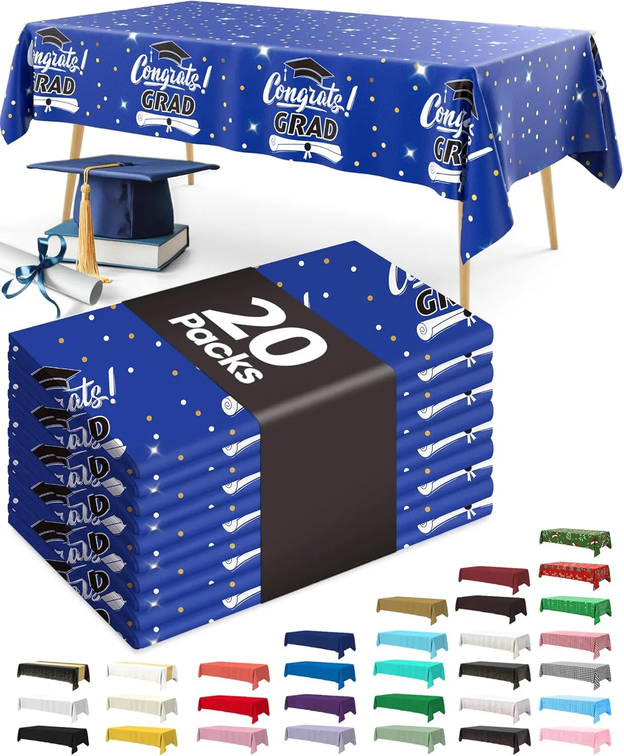 Pureegg Plastic Table Cloth Disposable 20 Pack, 54 x 108 Inch Table Cloths, Graduation Decorations 2025, Graduation Party Tablecloths, Rectangle, Plastic Cover, Leakproof & Sturdy, Graduation Blue