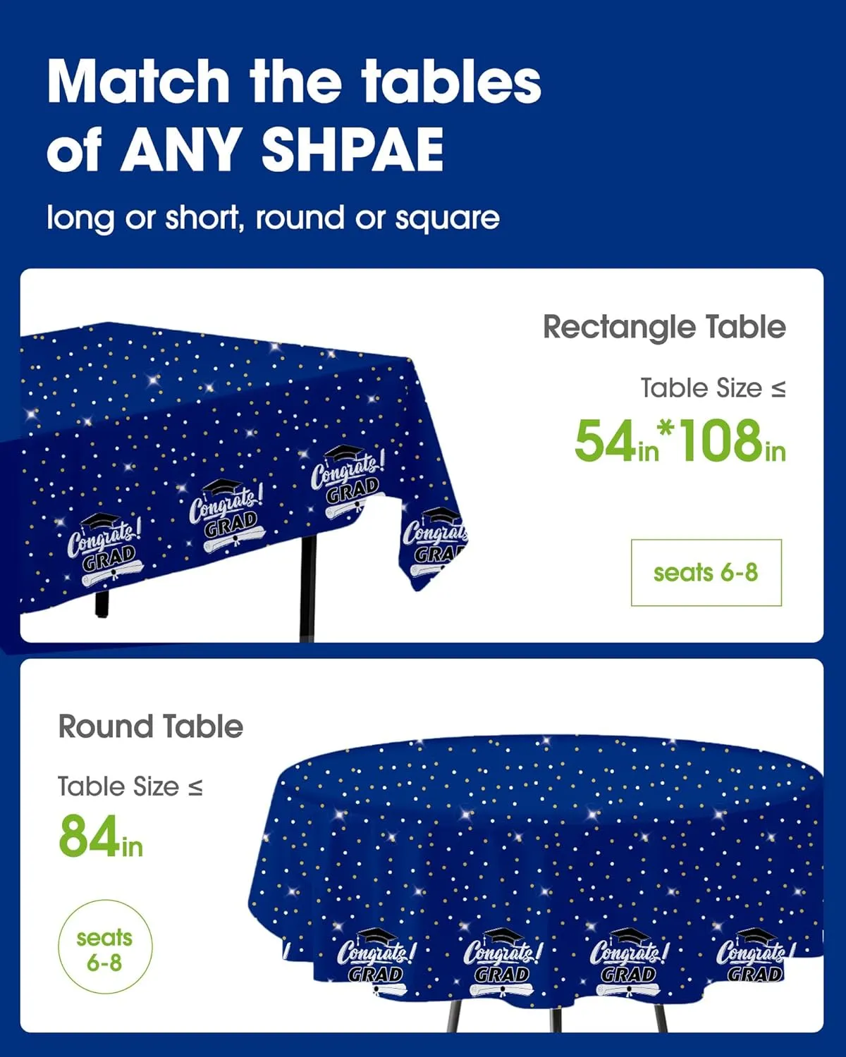 Pureegg Plastic Table Cloth Disposable 20 Pack, 54 x 108 Inch Table Cloths, Graduation Decorations 2025, Graduation Party Tablecloths, Rectangle, Plastic Cover, Leakproof & Sturdy, Graduation Blue