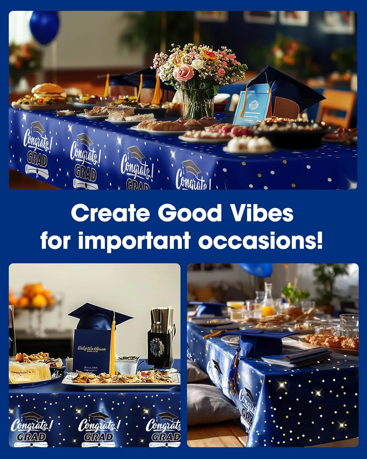 Pureegg Plastic Table Cloth Disposable 20 Pack, 54 x 108 Inch Table Cloths, Graduation Decorations 2025, Graduation Party Tablecloths, Rectangle, Plastic Cover, Leakproof & Sturdy, Graduation Blue