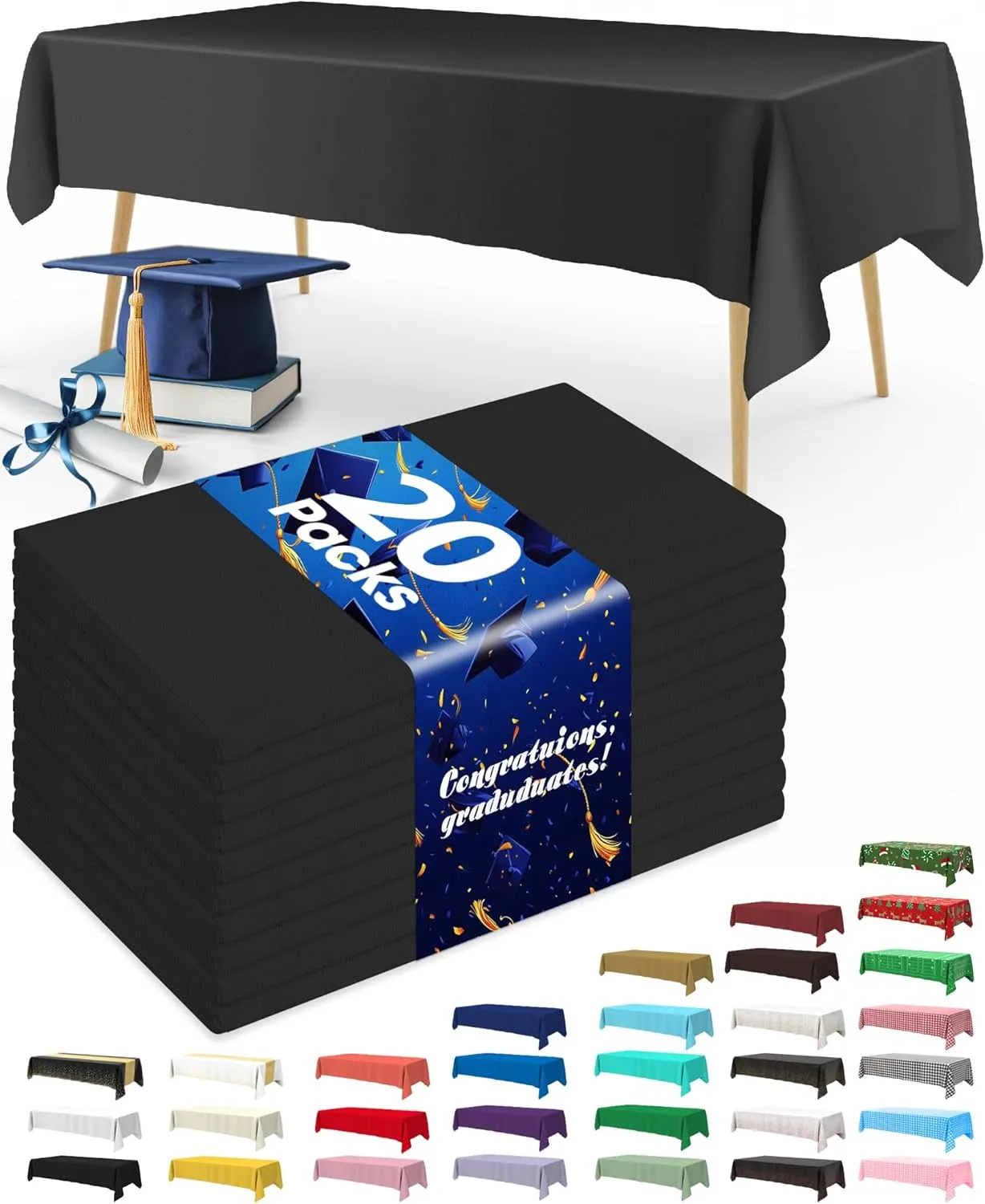 Pureegg Plastic Table Cloth Disposable 20 Pack, 54 x 108 Inch Table Cloths, Graduation Decorations Class of 2025, Graduation Party Tablecloths, Rectangle, Plastic Cover, Leakproof & Sturdy, Black