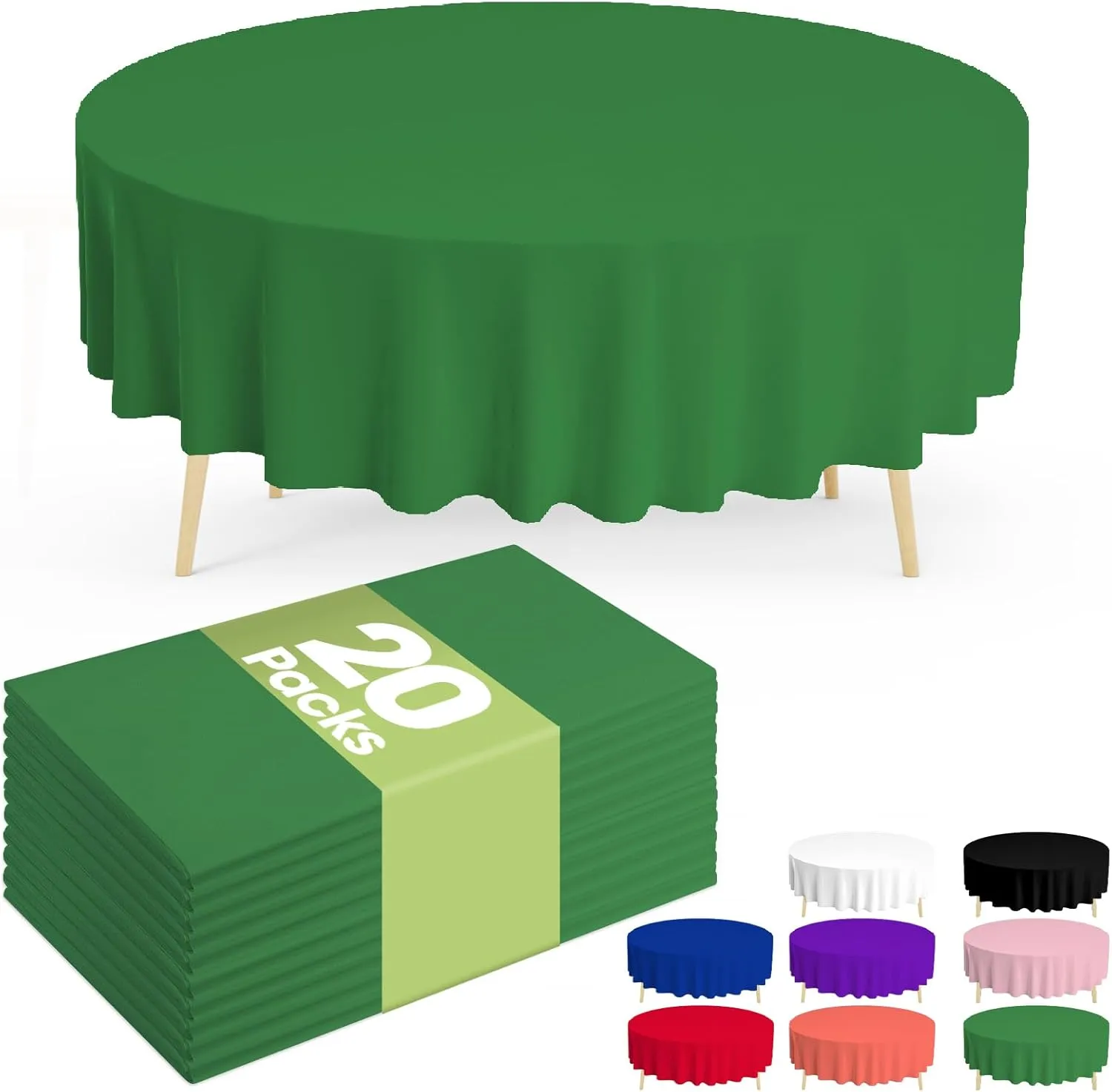 Pureegg Plastic Table Cloth Disposable 20 Pack, 84'' Round Table Cloths, St Patricks Day, Christmas Decorations, Tablecloths, Round, Forest, Emerald, Plastic Cover, Leakproof & Sturdy, Green