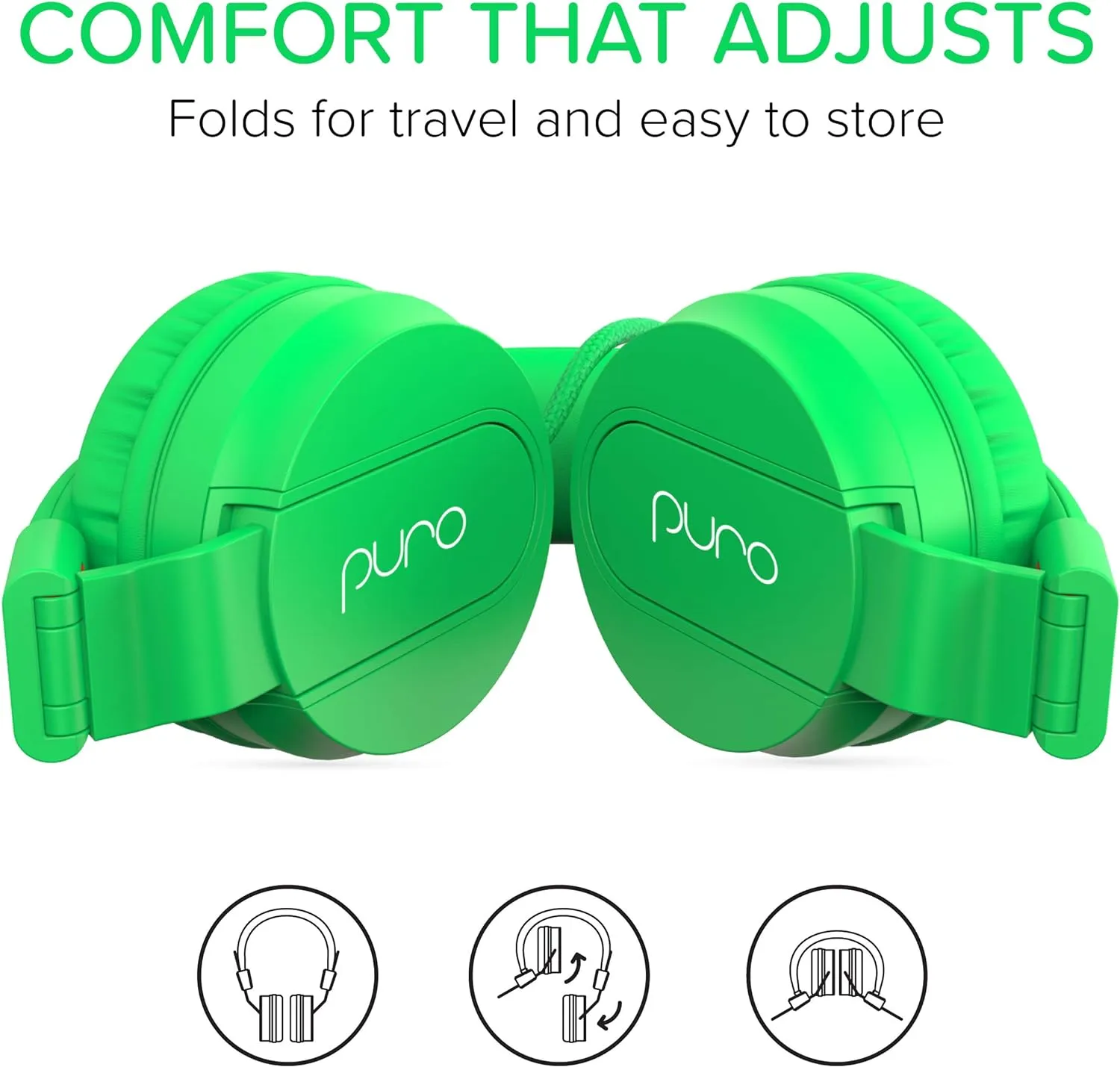 Puro Sound Labs PuroBasic Volume Limiting Wired Headphones for Kids, Foldable & Adjustable Headband w/Microphone, Compatible with Smartphones, Tablets and PC’s – Green