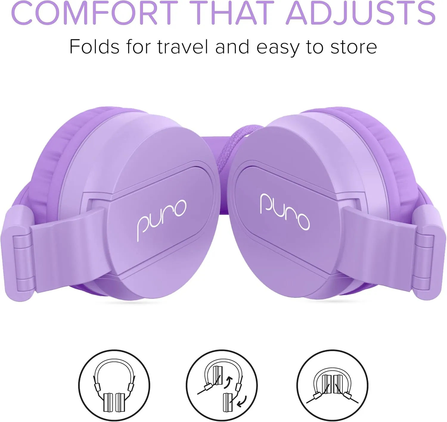 Puro Sound Labs PuroBasic Volume Limiting Wired Headphones for Kids, Foldable & Adjustable Headband w/Microphone, Compatible with Smartphones, Tablets and PC’s – Purple