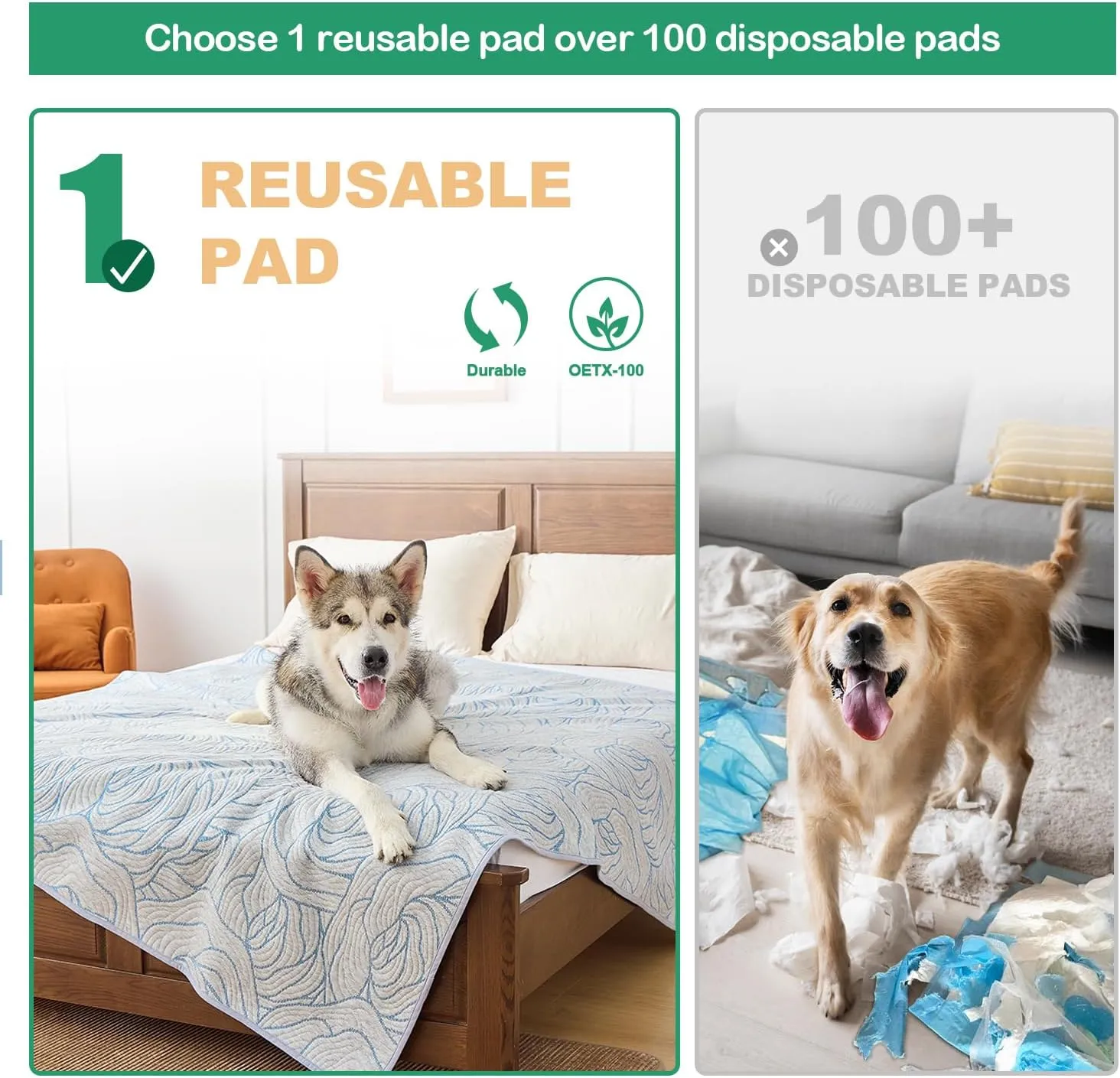 Qeils Pee Pads for Dogs, 4 Pack Reusable Puppy Pads 18"x24" Super Absorbent Leakproof Dog Wee Wee Pads, Anti-Slip Potty Training Pads for Floor, Crate,Couch, Whelping Pads Litter Mat Dog Accesories