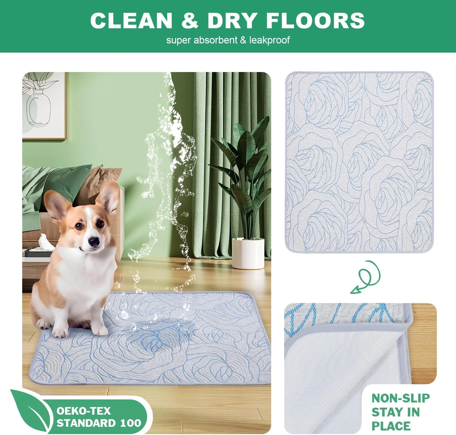 Qeils Pee Pads for Dogs, 4 Pack Reusable Puppy Pads 18"x24" Super Absorbent Leakproof Dog Wee Wee Pads, Anti-Slip Potty Training Pads for Floor, Crate,Couch, Whelping Pads Litter Mat Dog Accesories