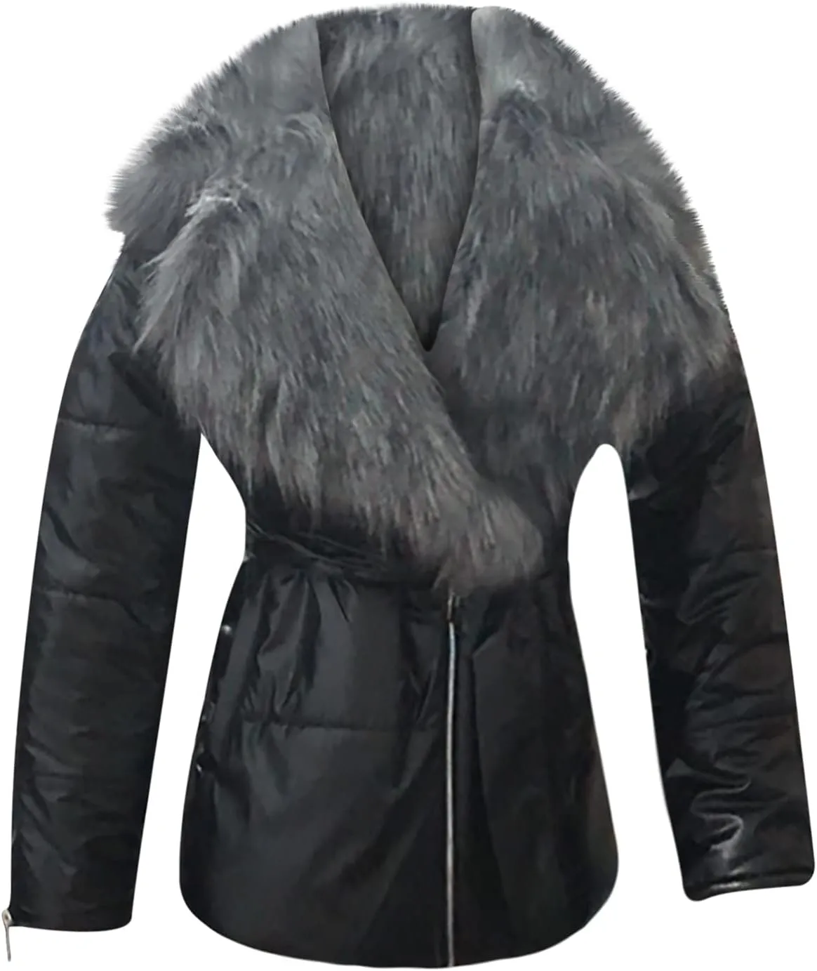 Quilted Padded Jacket Women Shiny Metallic Zip Up Long Sleeve Puffer Jacket With Belt Faux Fur Big Collar Bubble Coat