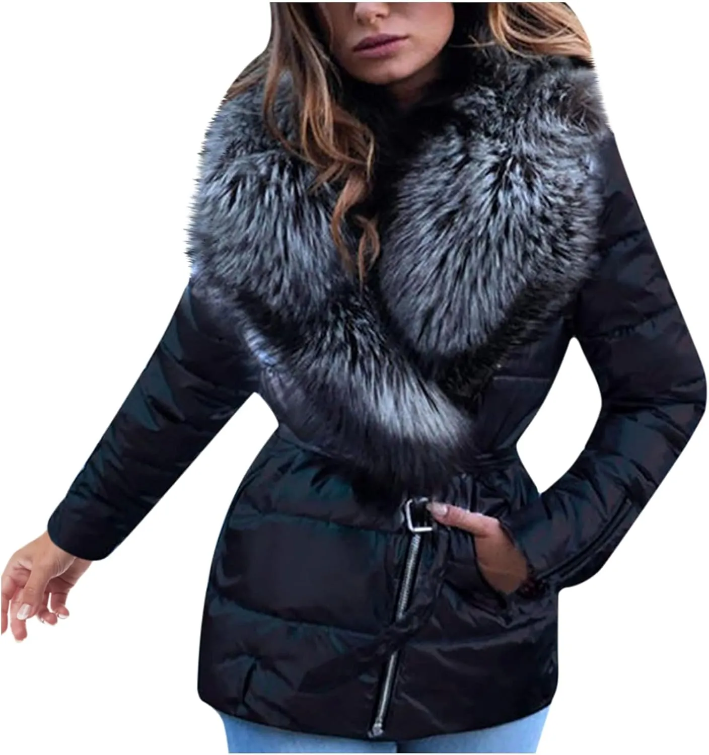 Quilted Padded Jacket Women Shiny Metallic Zip Up Long Sleeve Puffer Jacket With Belt Faux Fur Big Collar Bubble Coat