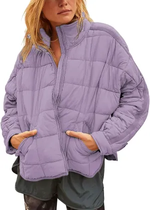 Quilted Puffer Jacket Women Lightweight Short Zip Up Padded Coat with Pockets