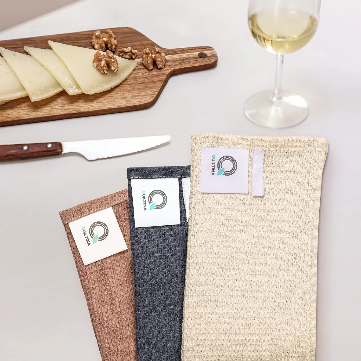 QUILTINA Dish Towels Set,100% Cotton Waffle Weave Kitchen Towels 6 Pack,17 x 25 Inches Dish Towels for Kitchen,Super Absorbent for Drying and Cleaning (Beige, Brown, Dark Grey)