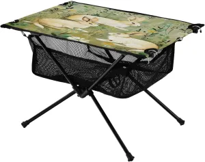 Rabbits Beige Green Portable Folding Camping Table, Compact Lightweight Beach Table with Carrying Bag for Outdoor Picnics, BBQs, Camp