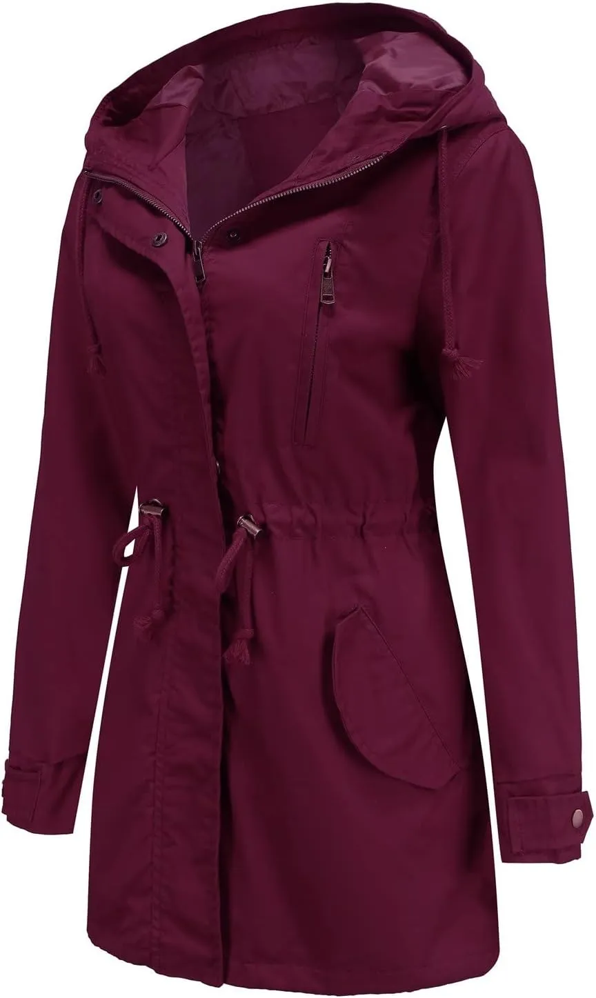 Rain Jackets for Women Waterproof Long Lightweight Trench Coats Outdoor Hooded Casual Drawtring Waist Rain Coats Fall