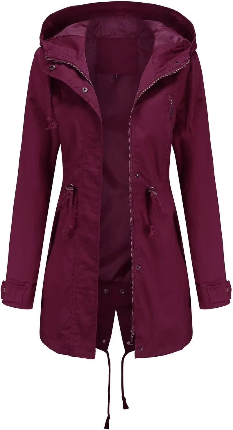 Rain Jackets for Women Waterproof Long Lightweight Trench Coats Outdoor Hooded Casual Drawtring Waist Rain Coats Fall