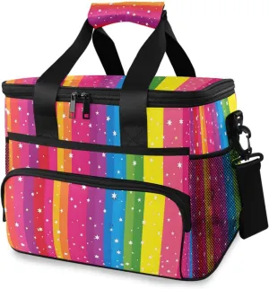 Rainbow Stripes Star Cooler Bag Insulated Cooler Soft Sided Cooler 24 Can Portable Picnic Bag Large Leakproof Lunch Bag Box for Beach Grocery Camping Travel Car Men Women