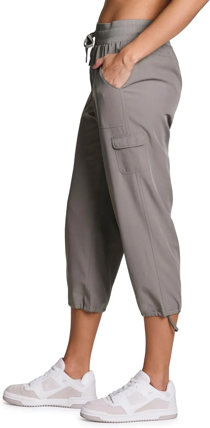 RBX Active Women's Cargo Capri Pant with Pockets Fashion Lightweight Woven with Drawstring