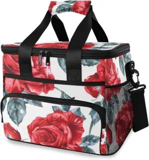 Red Rose Flower Cooler Bag Insulated Cooler Soft Sided Cooler 24 Can Portable Picnic Bag Large Leakproof Lunch Bag Box for Beach Grocery Camping Travel Car Men Women