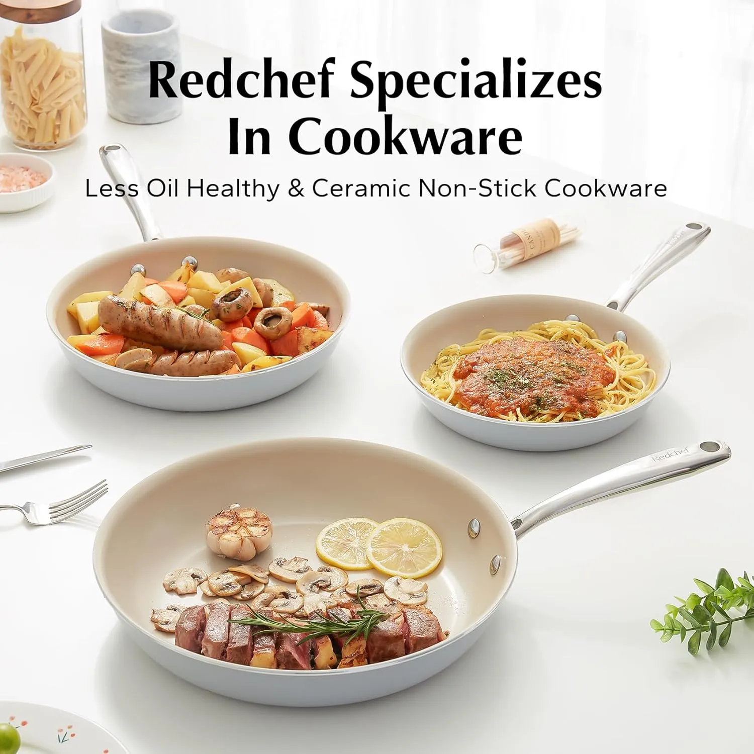 Redchef Non Stick Ceramic Frying Pan Set, Non Toxic Ceramic Pans for Cooking, 8" 9.5" 11" Skillet Set, No PFAS & PTFE & PFOA with Stainless Steel Handle, Dishwasher & Oven Safe Max up to 842°F (Grey)
