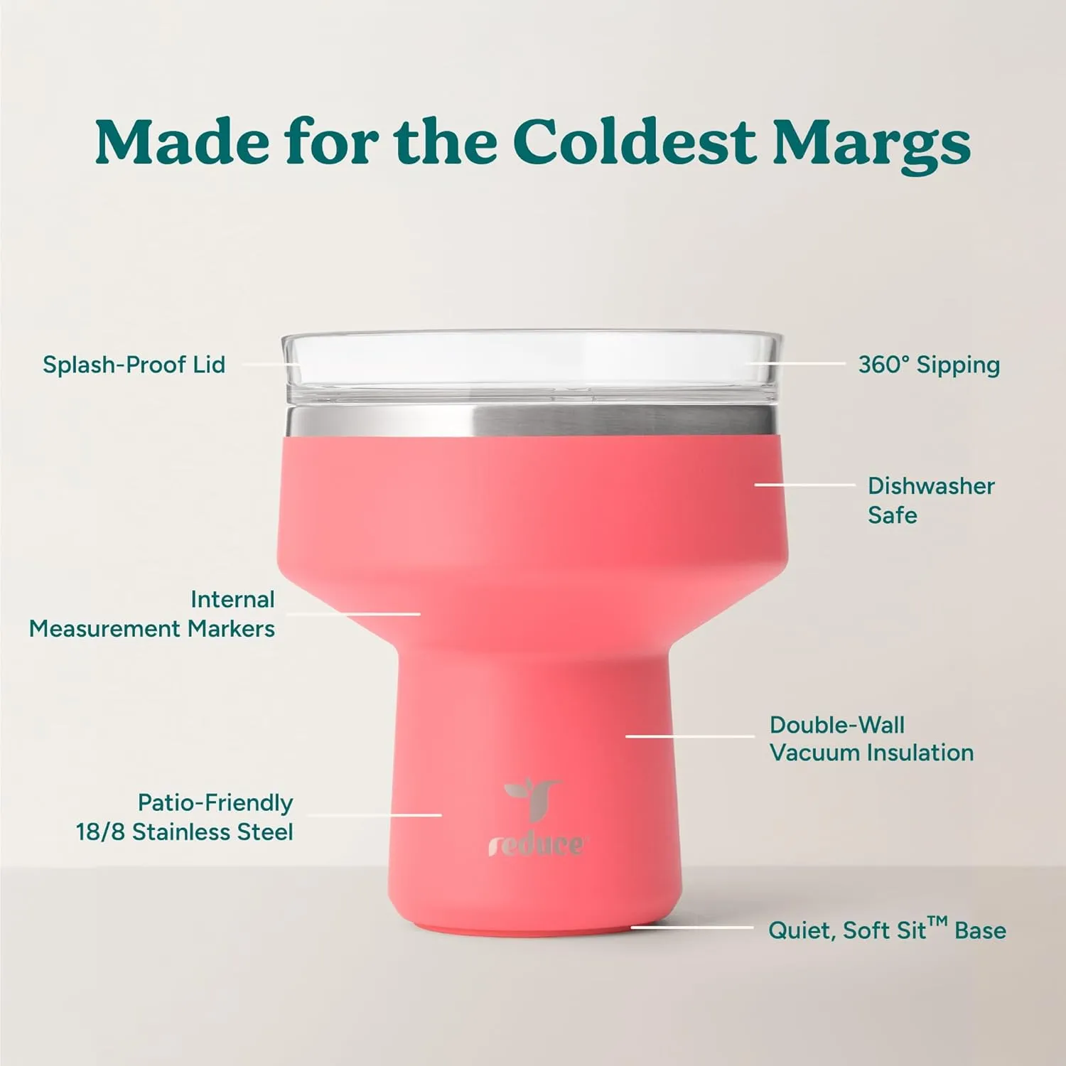 REDUCE Saltini 16oz Cocktail Tumbler - Insulated Margarita Tumbler with Lid-Keeps Drinks Cold for 10 Hours-360 Sippable Martini Glass Alternative-Shatterproof, Perfect for Parties - Daiquiri - 4 pack