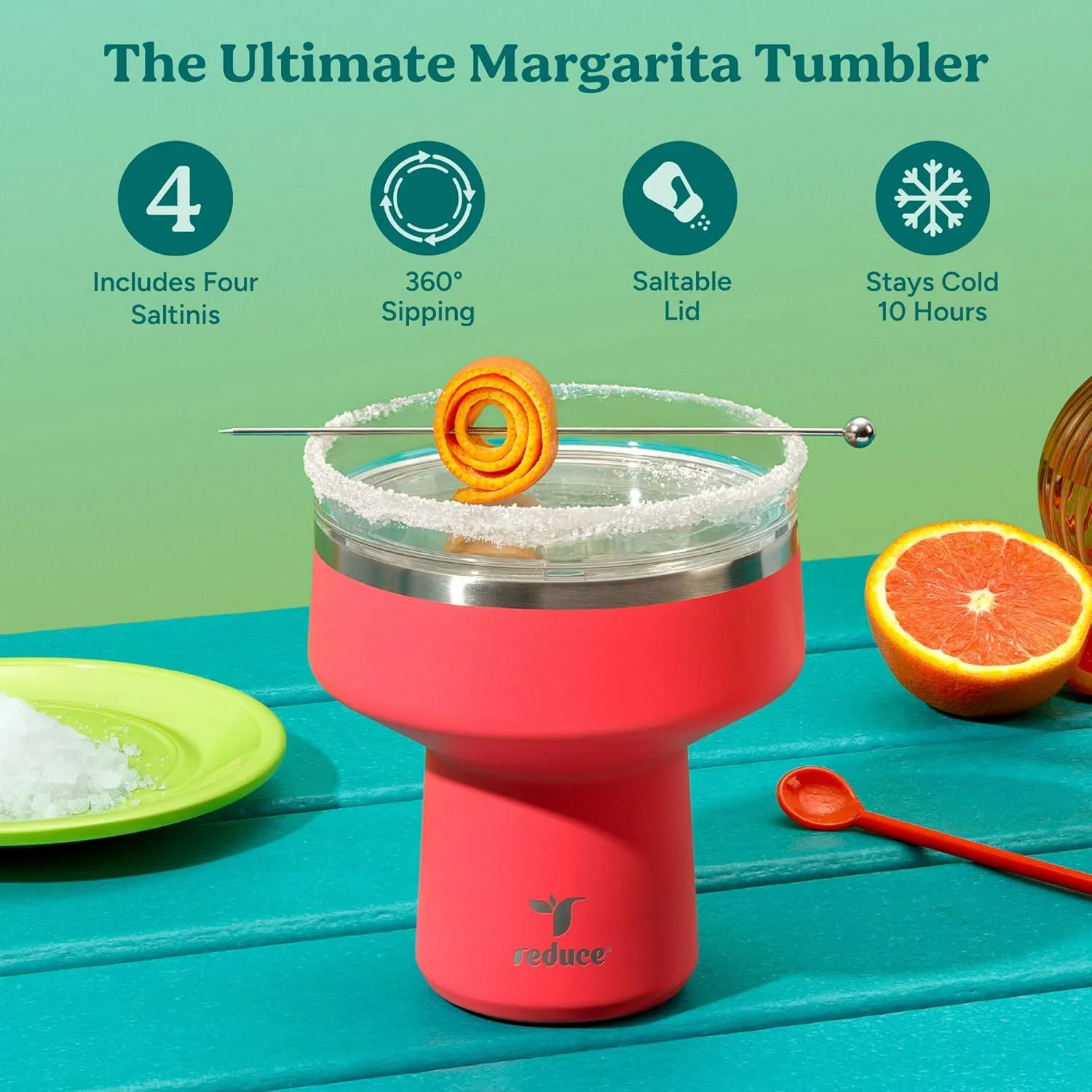 REDUCE Saltini 16oz Cocktail Tumbler - Insulated Margarita Tumbler with Lid-Keeps Drinks Cold for 10 Hours-360 Sippable Martini Glass Alternative-Shatterproof, Perfect for Parties - Daiquiri - 4 pack