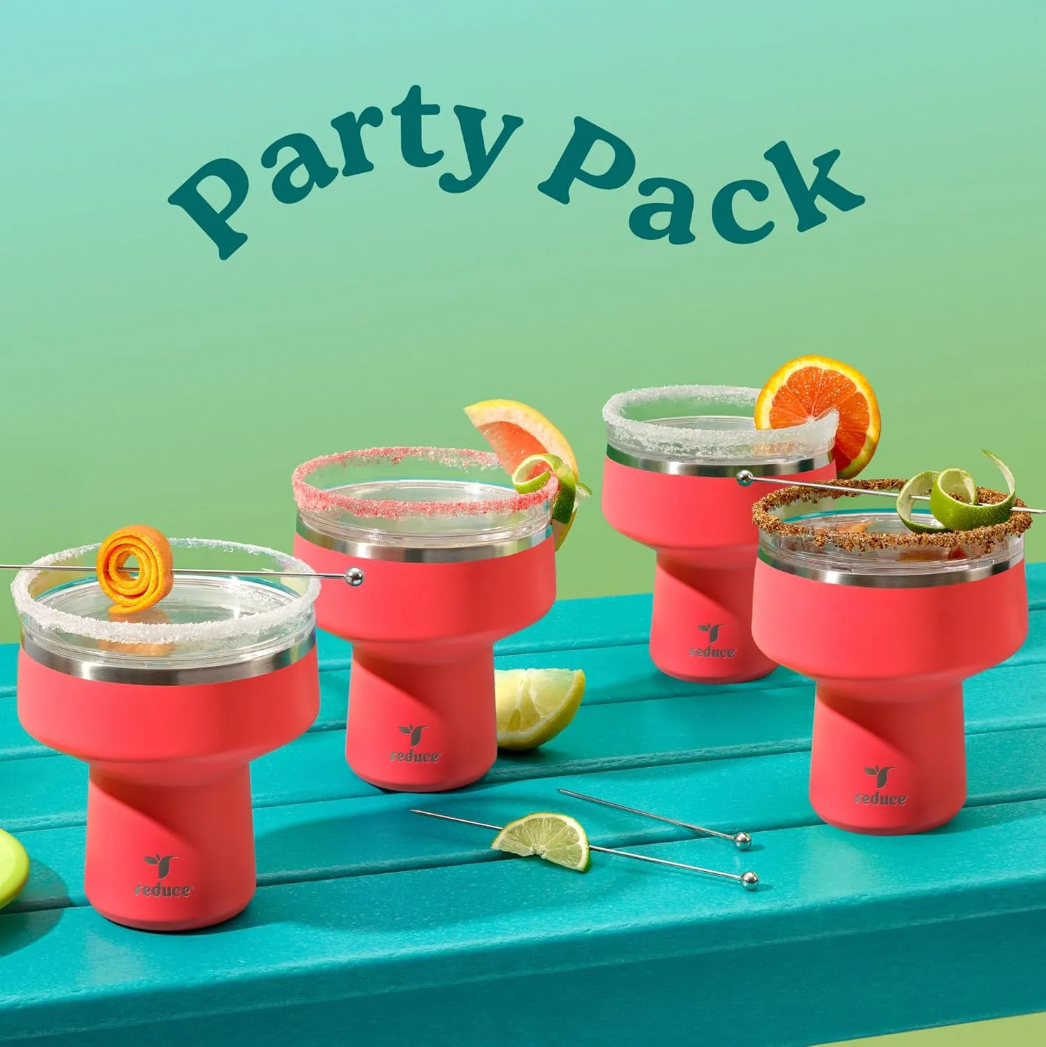 REDUCE Saltini 16oz Cocktail Tumbler - Insulated Margarita Tumbler with Lid-Keeps Drinks Cold for 10 Hours-360 Sippable Martini Glass Alternative-Shatterproof, Perfect for Parties - Daiquiri - 4 pack