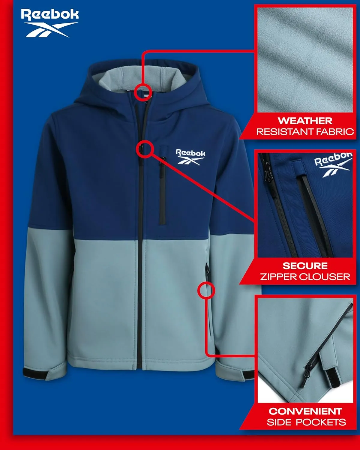 Reebok Boys' Jacket - Lightweight Polar Fleece Lined Softshell Jacket with Hood - Weather Resistant Jacket for Boys (8-20)