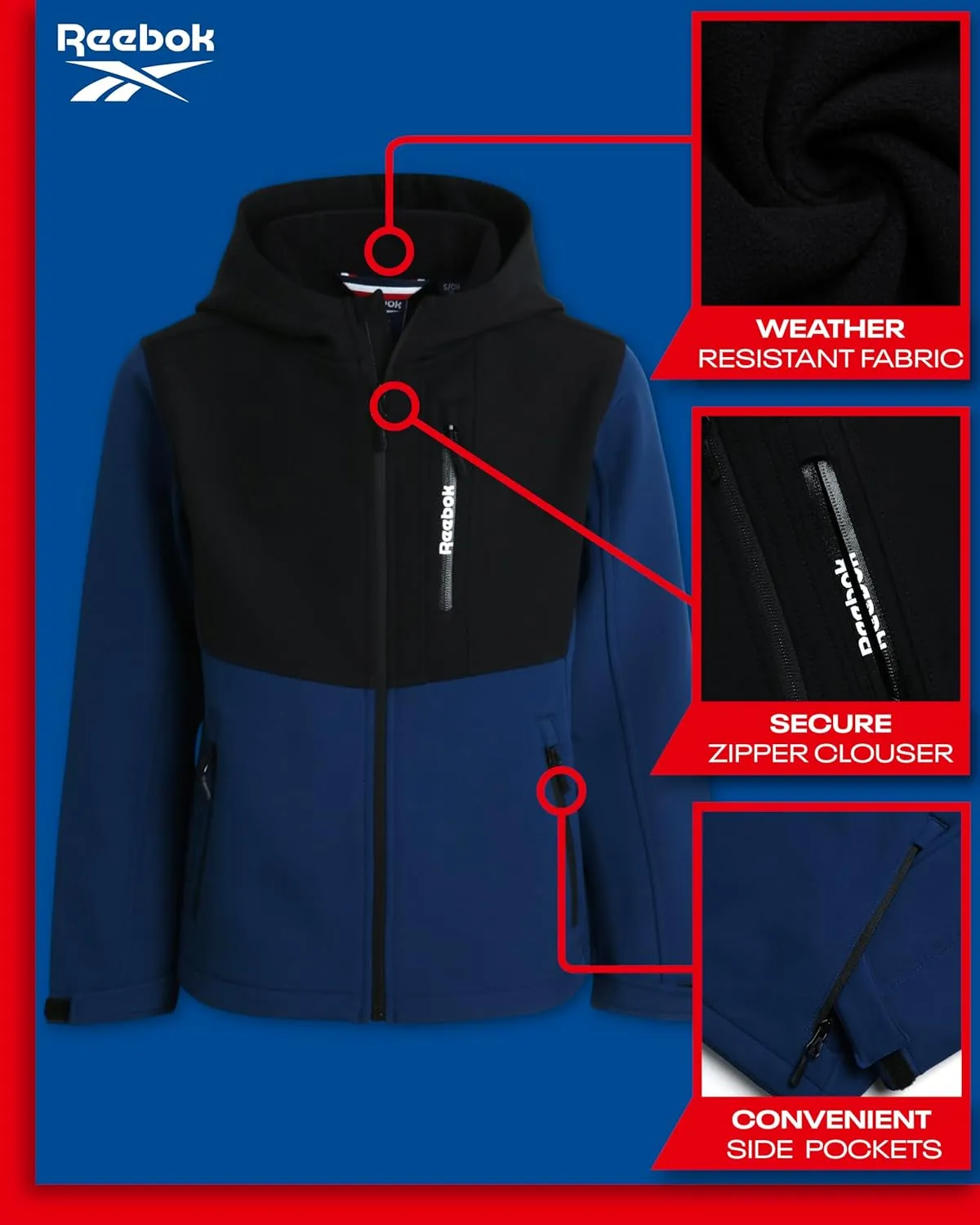 Reebok Boys' Jacket - Lightweight Polar Fleece Lined Softshell Jacket with Hood - Weather Resistant Jacket for Boys (8-20)