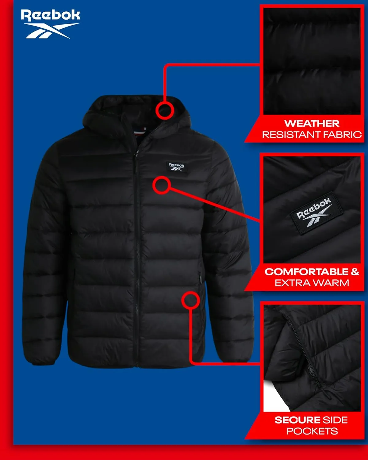 Reebok Men's Jacket – Lightweight Hooded Quilted Puffer Coat – Warm Insulated Winter Jacket for Men (S-4X)