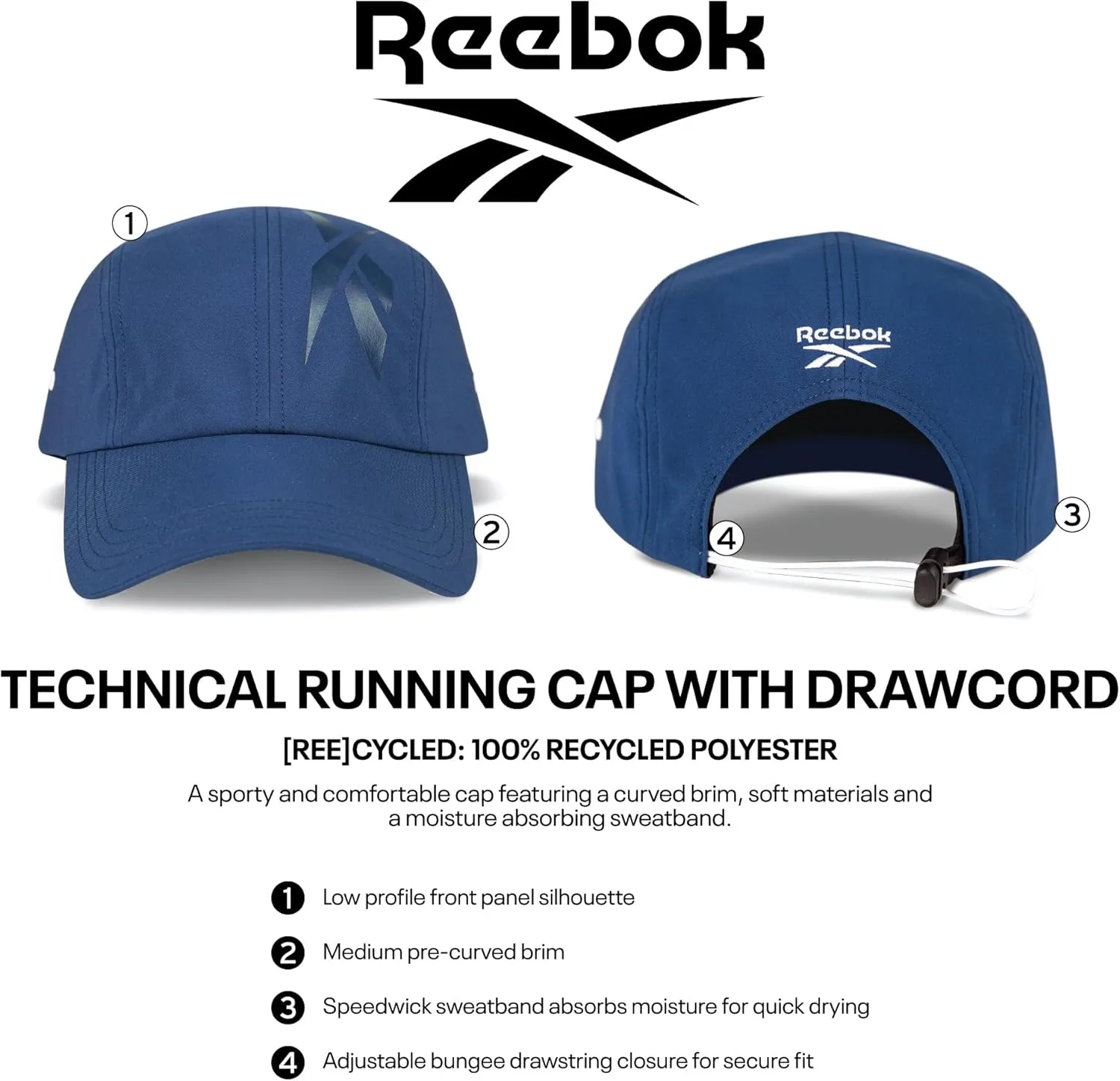 Reebok Running Hat | Performance | Athletic | Lightweight | Quick Drying | Sun Protection | Reflective | Recycled Materials