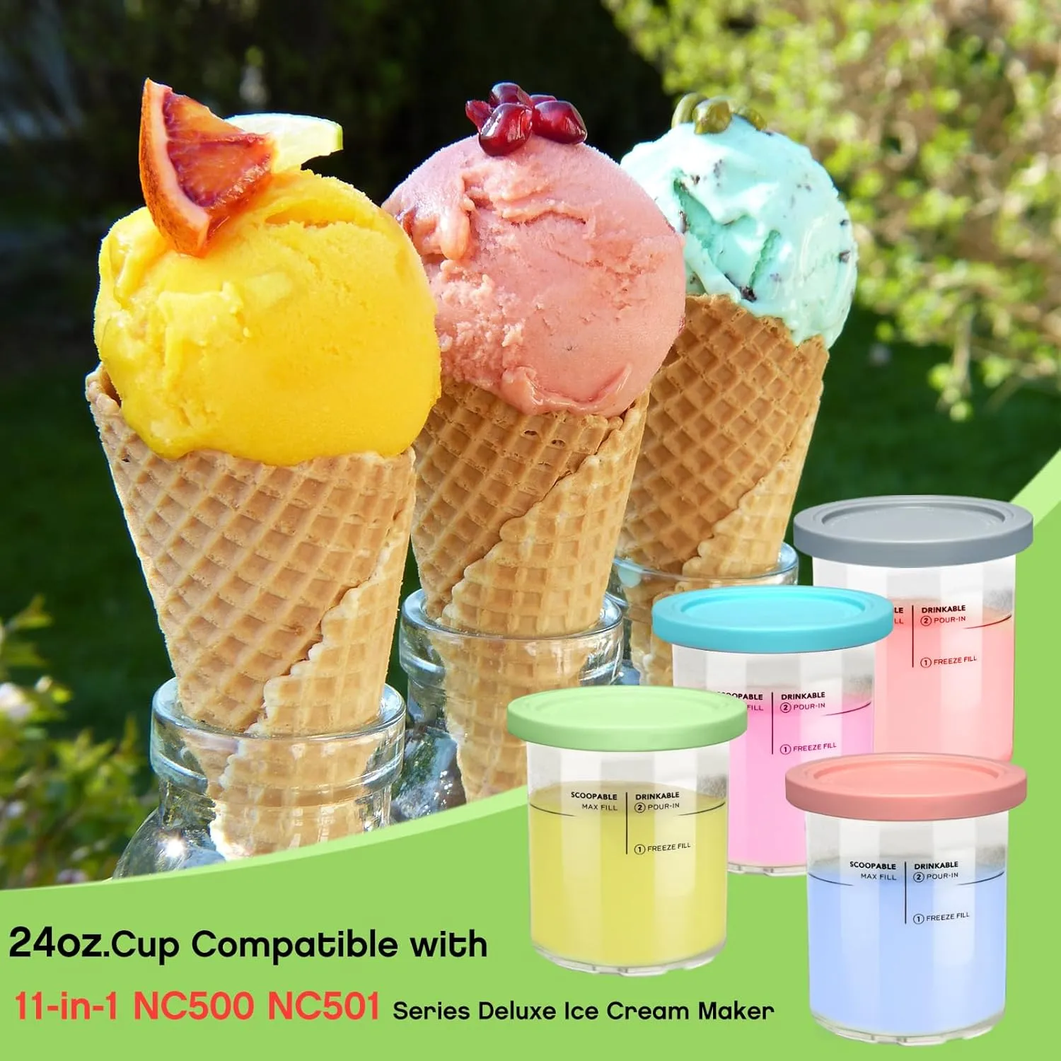 Replacement for Ninja Creami Deluxe Pints and Lids 4 Pack,Compatible with Ninja Creami 11-in-1 NC501 NC500 Series Deluxe Ice Cream Maker,24oz Deluxe XL Cups(Blue,Pink,Grey,Green)