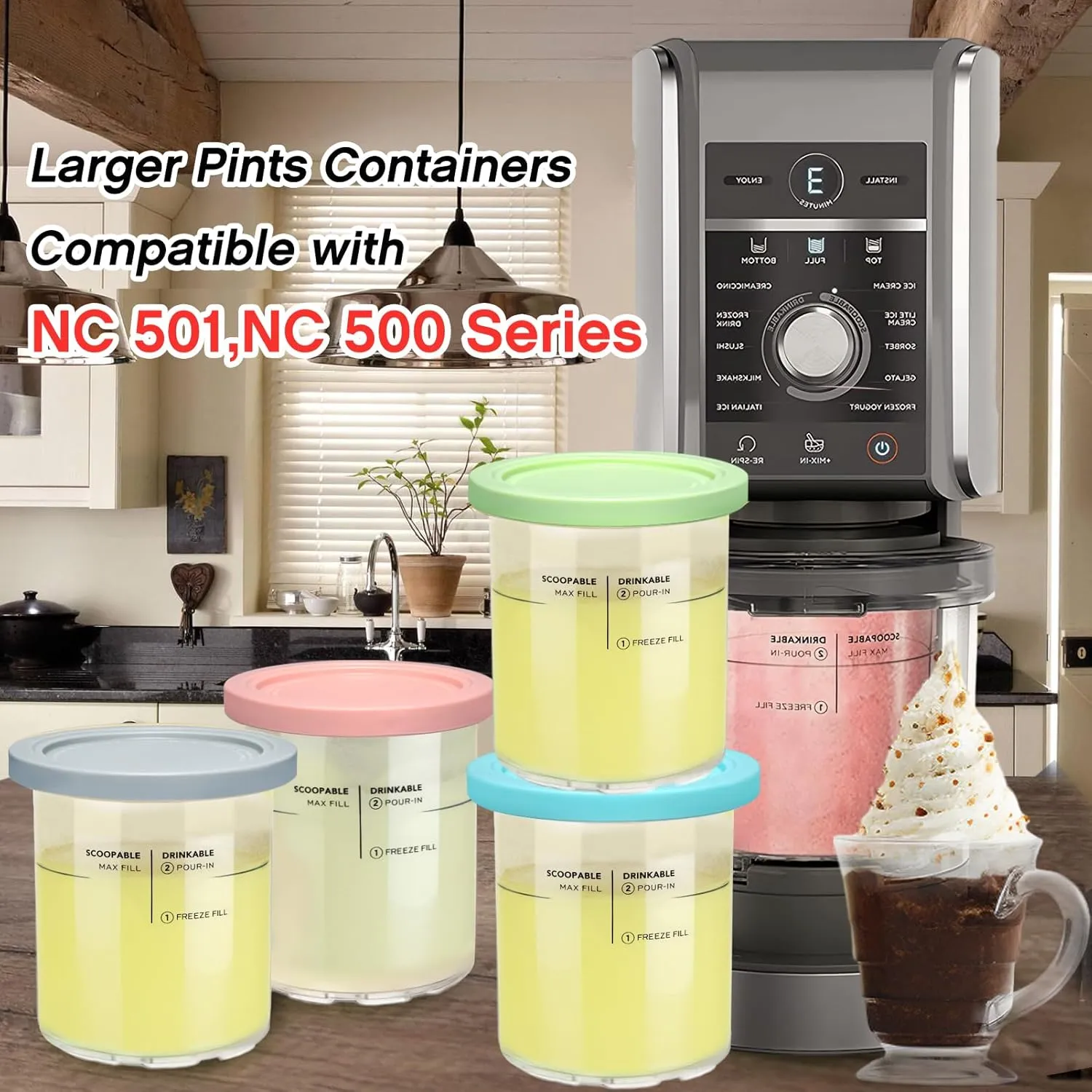 Replacement for Ninja Creami Deluxe Pints and Lids 4 Pack,Compatible with Ninja Creami 11-in-1 NC501 NC500 Series Deluxe Ice Cream Maker,24oz Deluxe XL Cups(Blue,Pink,Grey,Green)
