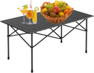 Roll-Up Camping Table, Lightweight Aluminum Folding Table with Carrying Bag, Compact Design for Camping, Backpacking, Picnic, and Patio Use with Carrying Bag Black 95×55×50cm/37×21×19.7in