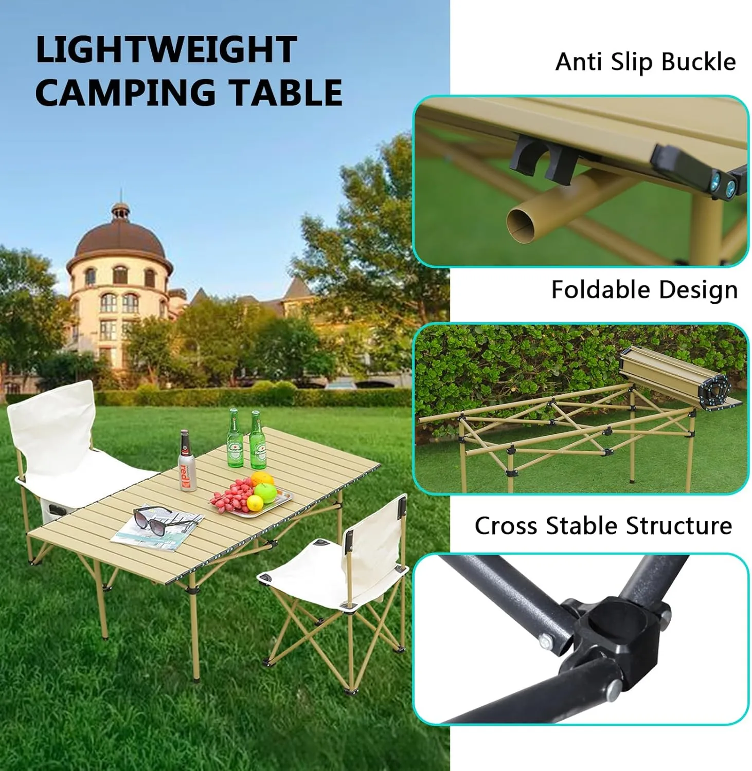Roll-Up Camping Table, Lightweight Aluminum Folding Table with Carrying Bag, Compact Design for Camping, Backpacking, Picnic, and Patio Use with Carrying Bag Black 95×55×50cm/37×21×19.7in