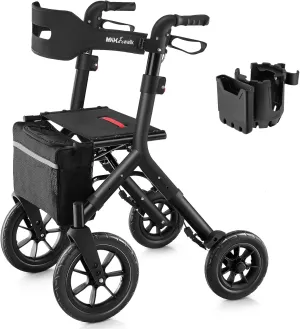 Rollator Walker with Seat, Tall Walkers for Seniors, 12" Big Rubber Wheels All Terrain Rollator Walker with Backrest, Built-in Cable, Foldable and Dual Adjustable Height for 5.3-7ft, Black