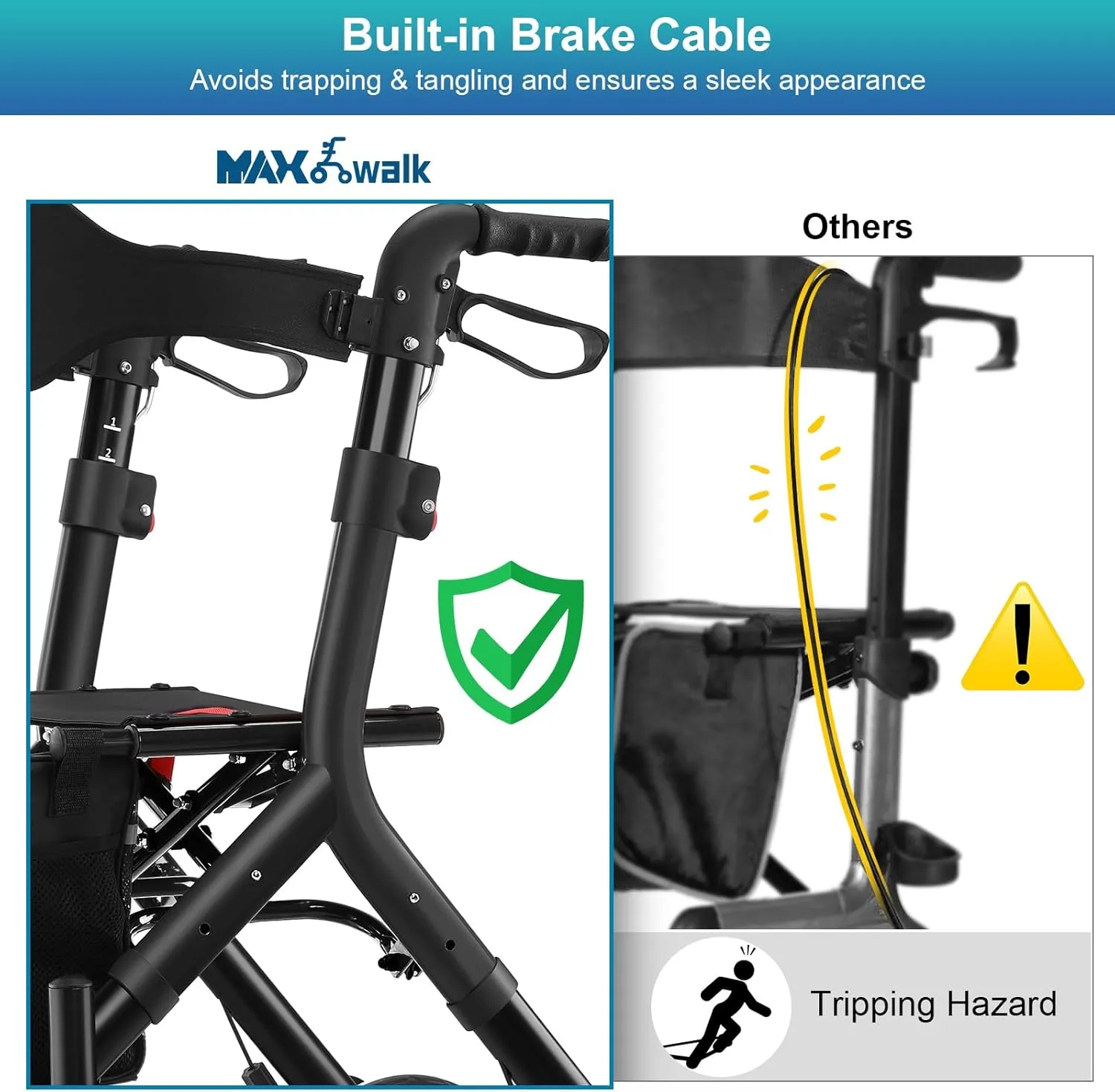 Rollator Walker with Seat, Tall Walkers for Seniors, 12" Big Rubber Wheels All Terrain Rollator Walker with Backrest, Built-in Cable, Foldable and Dual Adjustable Height for 5.3-7ft, Black
