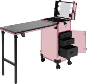 Rolling Makeup Train Case with 4 Drawers&Mirror, Foldable Makeup Nail Desk with Table&Blueteeth Speaker, Lockable Manicure Table for Technician Workstation Salon(Pink)