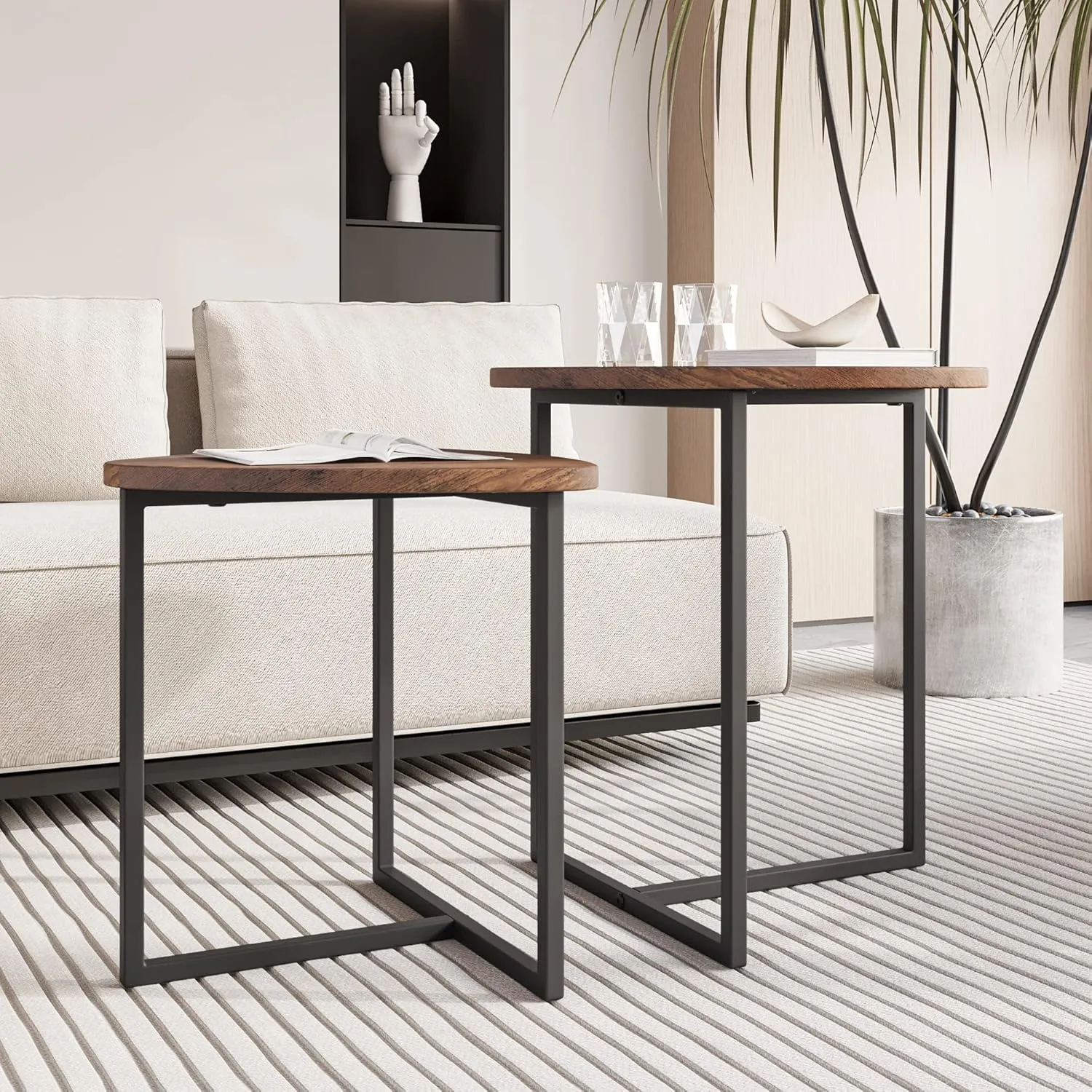 Round Coffee Table Set of 2 End Tables for Living Room,Black Small Coffee Table Living Room Table,Metal Frame & Wood,Sturdy and Easy Assembly,Stacking Side Tables Bedroom,Brown