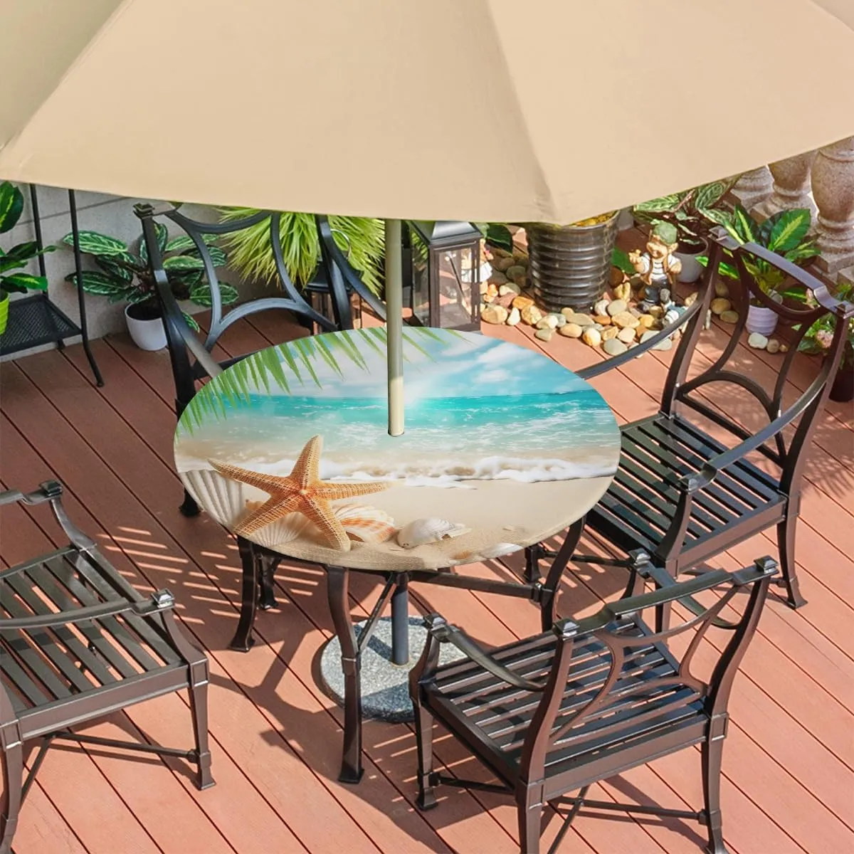 Round Fitted Tablecloth with Umbrella Hole Beach Starfish Outdoor Fitted Tablecloth with Zipper Round Elastic Table Cover Waterproof 45"- 56" Outdoor Patio Table Cloth for Picnic Beach