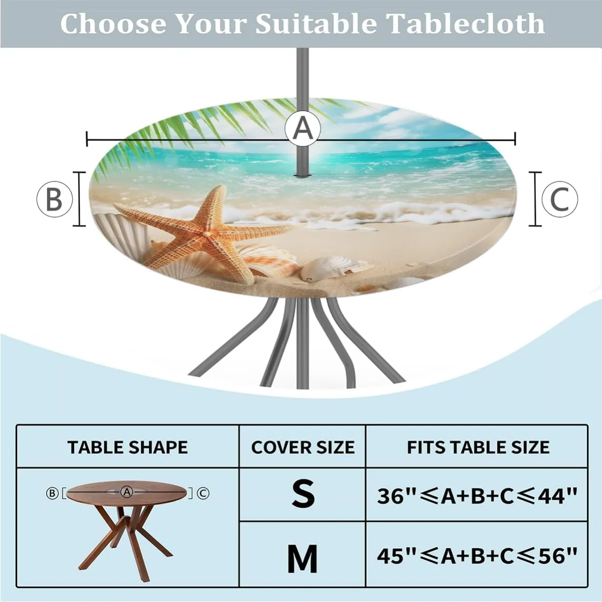 Round Fitted Tablecloth with Umbrella Hole Beach Starfish Outdoor Fitted Tablecloth with Zipper Round Elastic Table Cover Waterproof 45"- 56" Outdoor Patio Table Cloth for Picnic Beach