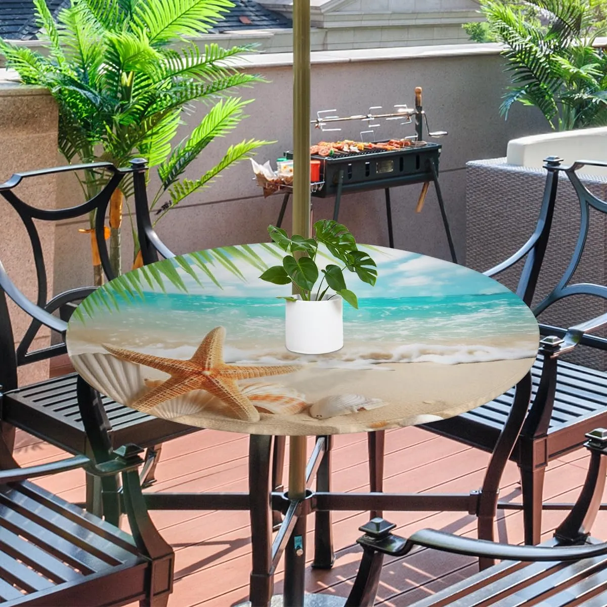Round Fitted Tablecloth with Umbrella Hole Beach Starfish Outdoor Fitted Tablecloth with Zipper Round Elastic Table Cover Waterproof 45"- 56" Outdoor Patio Table Cloth for Picnic Beach
