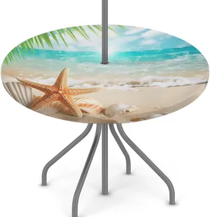 Round Fitted Tablecloth with Umbrella Hole Beach Starfish Outdoor Fitted Tablecloth with Zipper Round Elastic Table Cover Waterproof 45"- 56" Outdoor Patio Table Cloth for Picnic Beach