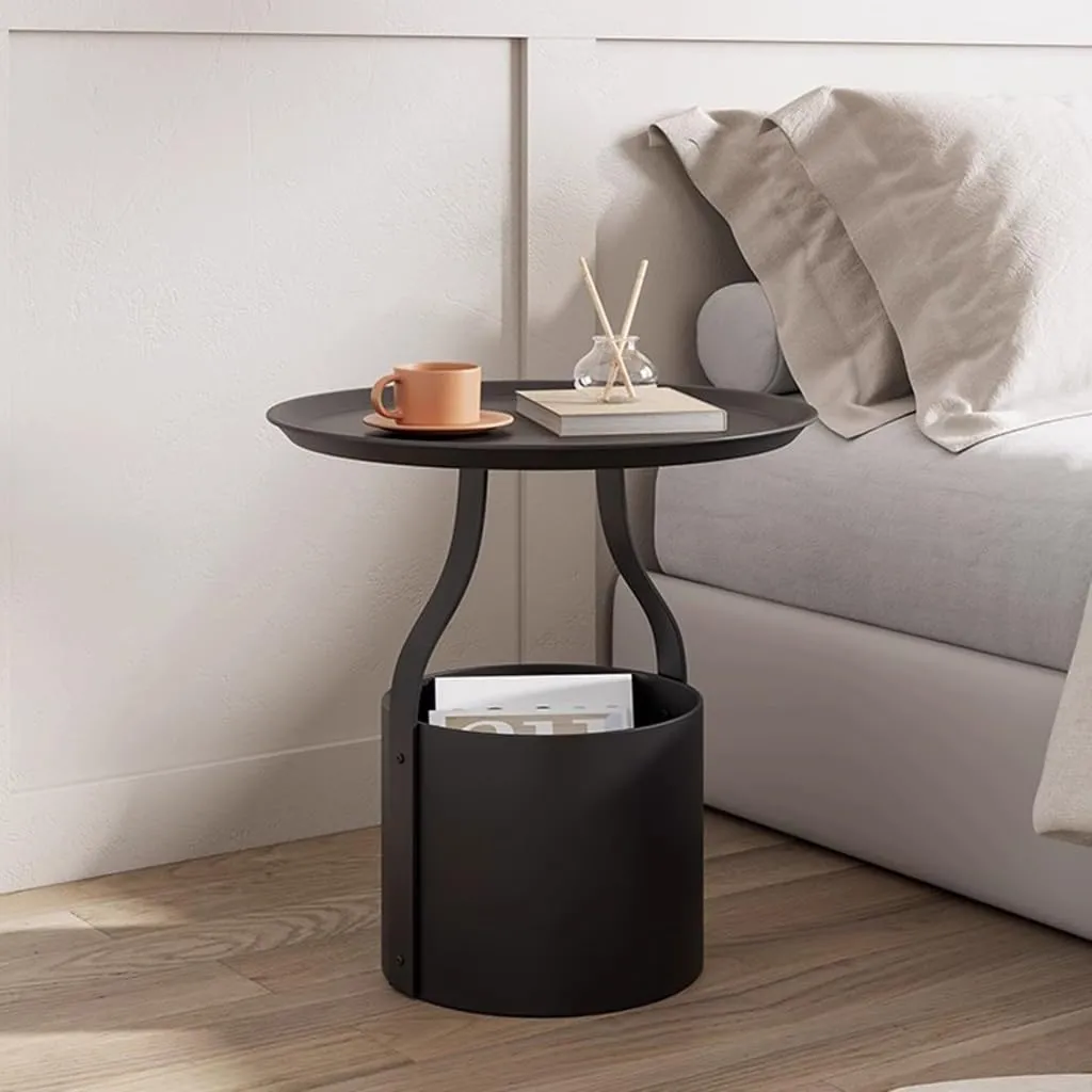 Round Metal Bedside Table with Storage, Space-Saving Modern End Table for Living Room & Bedroom - Durable Iron Frame, Anti-Scratch Surface, for Apartments & Small Spaces (Brown)
