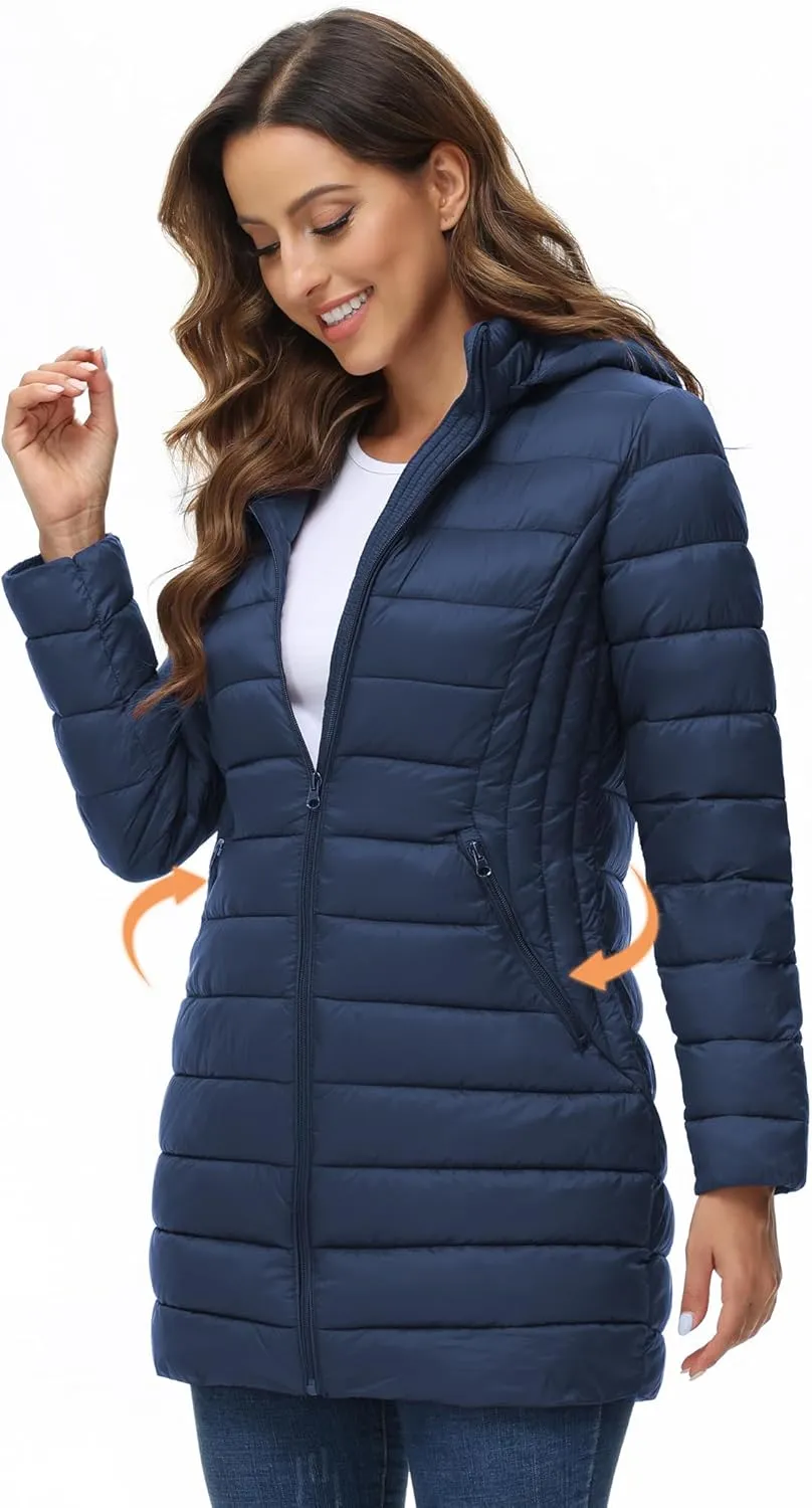ROYAL MATRIX Women's Packable Puffer Jacket Lightweight Puffer Coat with Hood Long Winter Warm Travel Puffer Jackets