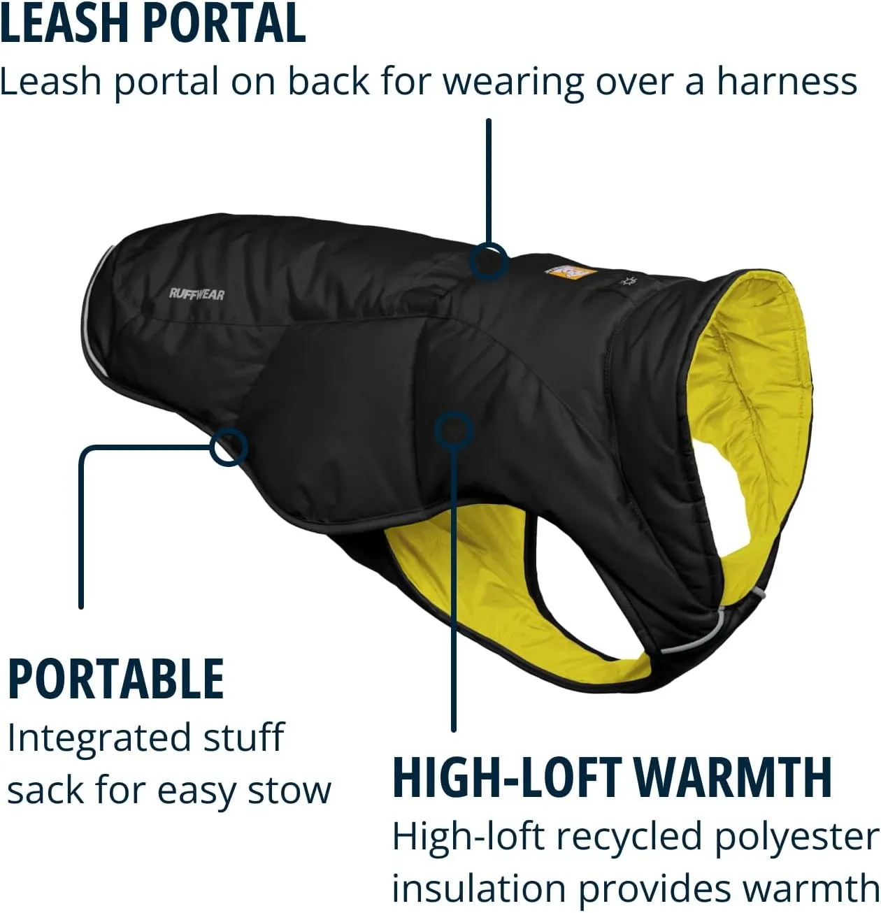 Ruffwear, Quinzee Jacket, Insulated and Water-Resistant Jacket for Dogs with Stuff Sack, Obsidian Black, Medium