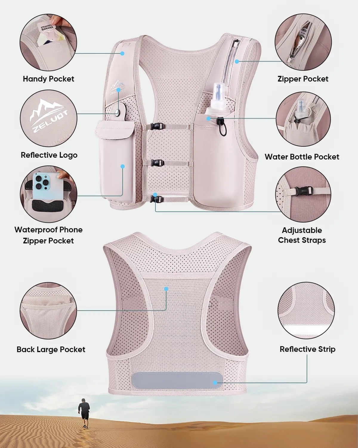 Running Vest for Women Men, USA Original Patent, Adjustable Chest Straps Running Hydration Vest with 500ml Soft Flask, Lightweight Breathable Reflective Running Vest for Marathon
