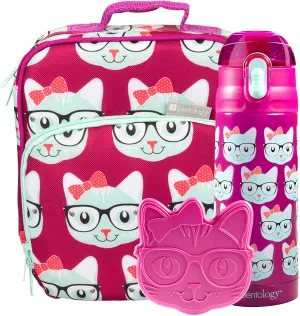 Rynx | Bentology Lunch Box Set For Kids - Girls' Insulated Lunch Box Tote, Water Bottle, And Ice Pack - 3 Pieces - Kitty
