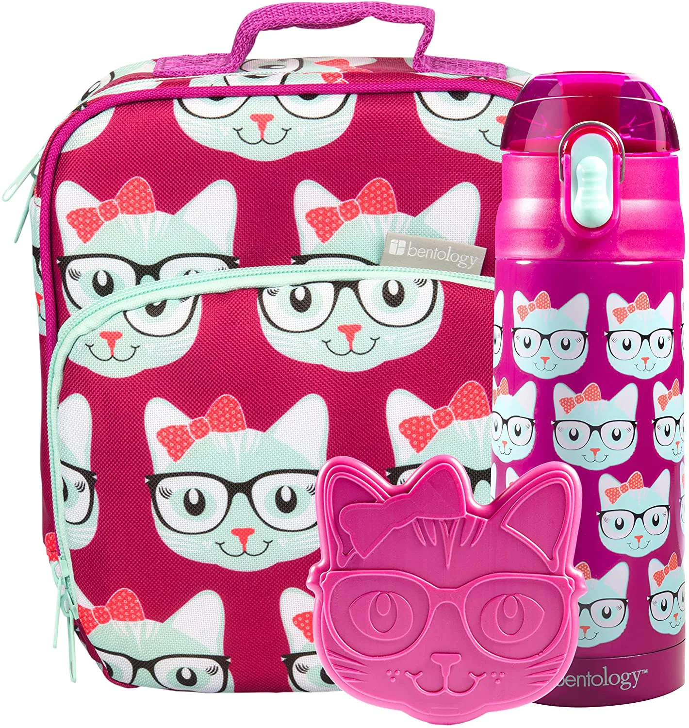 Rynx | Bentology Lunch Box Set For Kids - Girls' Insulated Lunch Box Tote, Water Bottle, And Ice Pack - 3 Pieces - Kitty