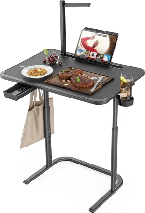 SAIJI TV Tray Table with LED Light, Height & Tilt Adjustable Heavy Duty Side Table for Bedroom, Living Room, Small Space - Multipurpose Workstation with Mobile Sofa & Bedside Desk