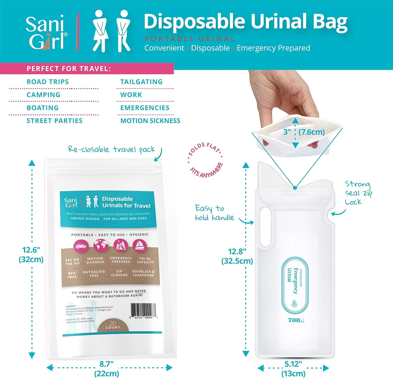 SaniGirl Female Urinal | Disposable Pee Bags for Travel for Women Men Kids Emergency Urinal Sanitary Travel Toilet and Car Sick Bags Disposable Urinals Personal Hygiene Travel Camping (Pack of 20)