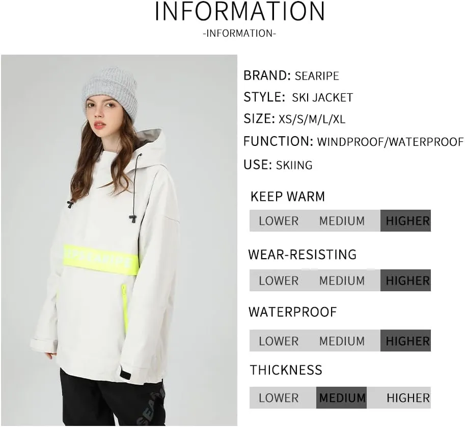SEARIPE Womens Ski Jacket Mens Snow Jacket Waterproof Winter Snow Coat Couples Pullover Snowboard Hooded