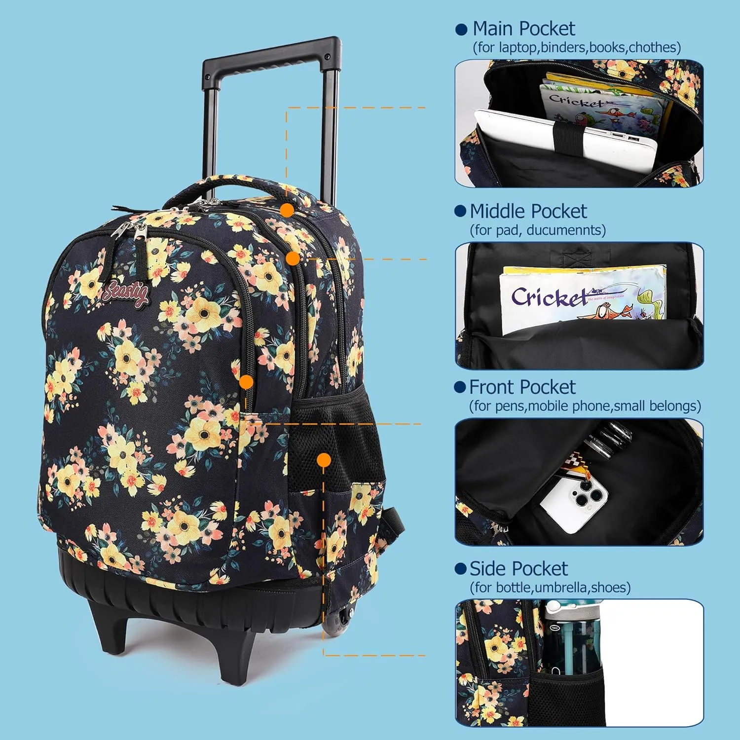 seastig Rolling Backpack Girls Boys 18in Wheeled Backpack Kids Backpack with Wheels School Travel Bag