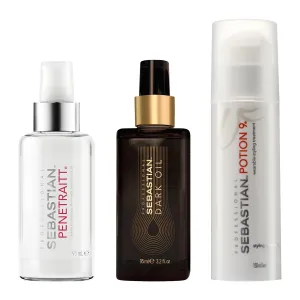 Sebastian Natural Glam Cocktail Set Professional Penetraitt Overnight Repair Serum, 3.2oz Dark Oil Lightweight Hair Styling Oil, 3.2 oz Potion 9 Leave-in Treatment, 5.1 oz
